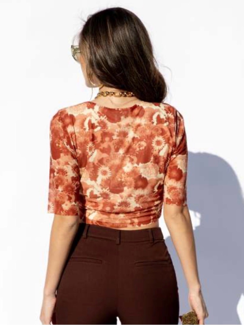 Ganni retro floral mesh crop top shirt orange brown rust stretch boho sz 34 US 2 - Picture 8 of 13